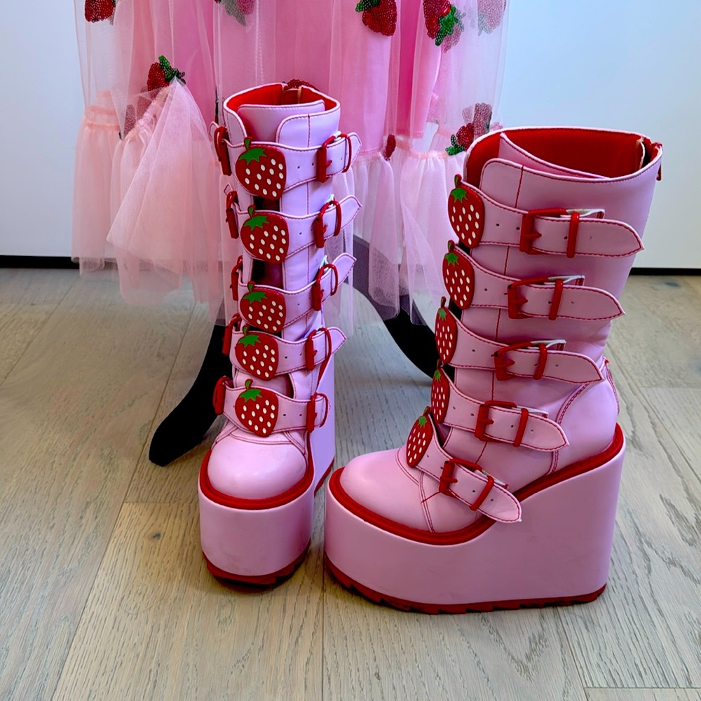 YRU Pink Strawberry Festival Platform Boots